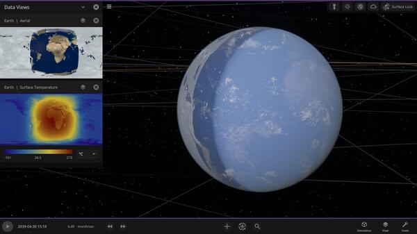 Universe Sandbox screenshot showing Earth with temperature data and orbital paths visible in the simulation interface.