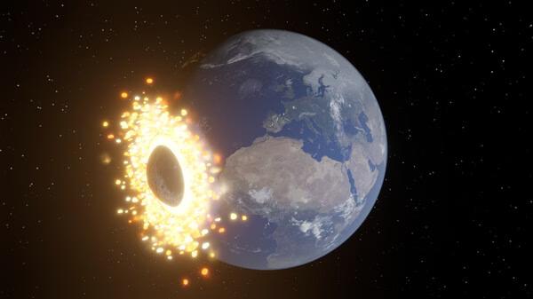 Universe Sandbox screenshot: A planet collides with Earth, causing a fiery explosion and scattering debris in space.
