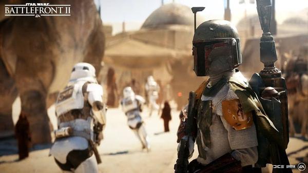 Screenshot of STAR WARS Battlefront II showing Boba Fett in detailed armor with stormtroopers in a desert-like environment.