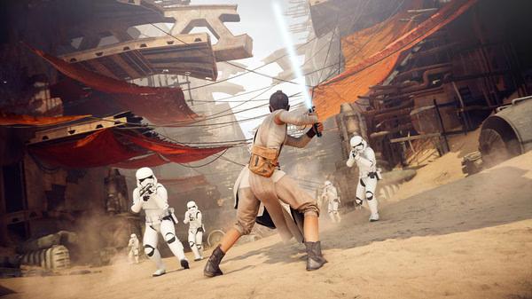 A screenshot from STAR WARS Battlefront II showing a character with a lightsaber facing stormtroopers in a desert-like environment.