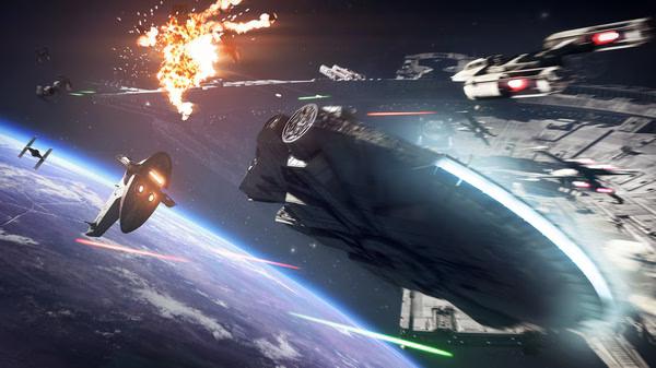 STAR WARS Battlefront II screenshot: Millennium Falcon and TIE fighters engage in a space battle, with explosions visible.