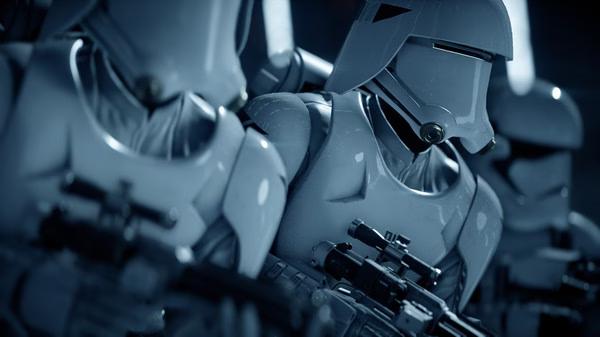 STAR WARS Battlefront II screenshot: Close-up of heavily armored stormtroopers holding blasters, ready for battle.