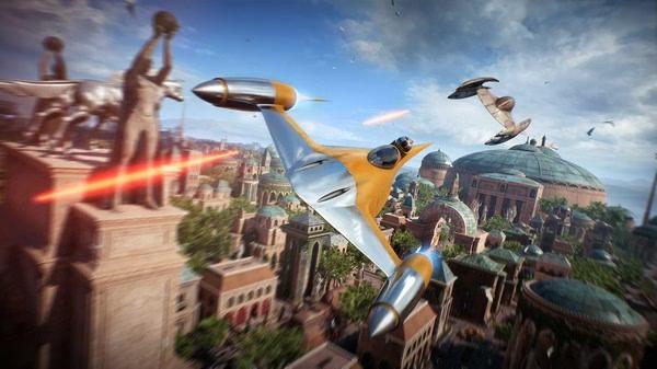 STAR WARS Battlefront II screenshot showing a Naboo Starfighter flying through a cityscape with laser fire and enemy ships visible.