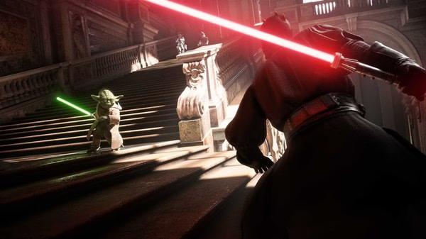 STAR WARS Battlefront II screenshot: Duel between Yoda and Darth Maul on grand staircase, wielding green and red lightsabers respectively.