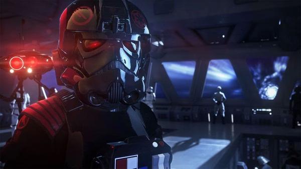 Screenshot from STAR WARS Battlefront II showing a soldier in futuristic armor inside a spacecraft, looking towards a cosmic view.