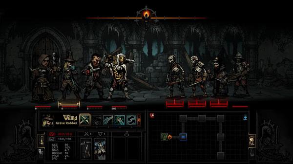 Darkest Dungeon screenshot: Heroes face skeleton foes in a dim dungeon. Grave Robber skills and map are visible below.