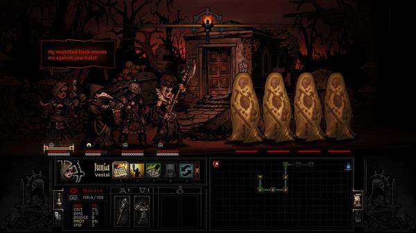 Darkest Dungeon screenshot showing a party of adventurers facing four enemies in a dark, eerie environment with a dungeon map visible.