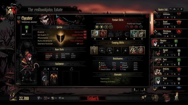 Darkest Dungeon screenshot: Character stats screen of Chester the Jester, showing abilities, quirks, and preferred combat roles.