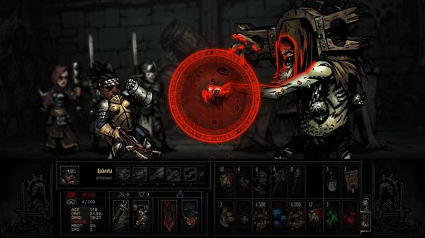 Screenshot from Darkest Dungeon showing a battle between an arbalest character and a grotesque enemy casting a red spell.