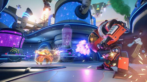 A Plants vs. Zombies Garden Warfare 2 screenshot showing a mech battling a fiery plant in a colorful, futuristic environment.