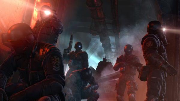 Batman: Arkham Origins screenshot showing Batman surrounded by armed soldiers in a dimly lit industrial setting.