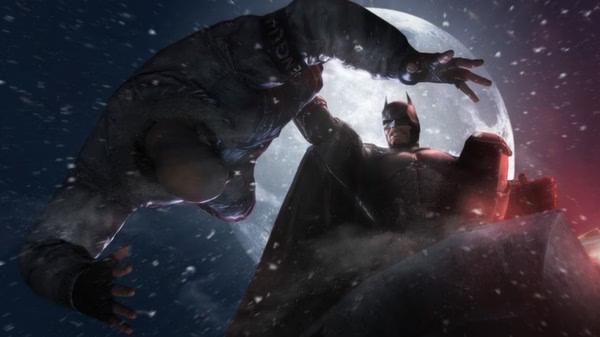 Batman: Arkham Origins screenshot showing Batman punching an enemy under a snowy night sky with a glowing full moon in the background.