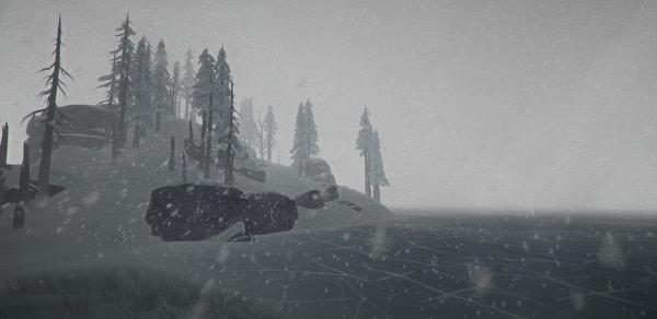 Screenshot from The Long Dark, depicting a snowy landscape with frozen lake and pine trees under a gray, overcast sky.
