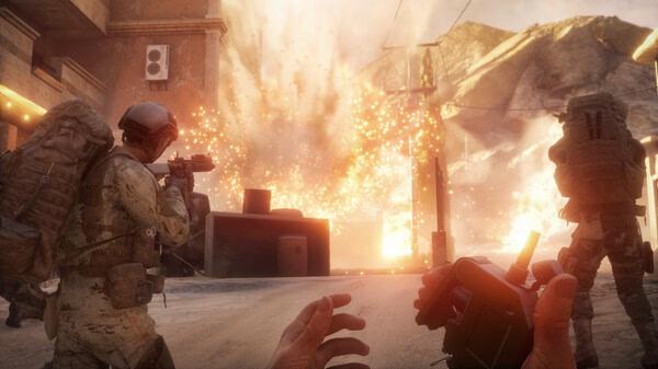 Insurgency: Sandstorm screenshot showing soldiers in combat gear amid a fiery explosion in an urban setting.