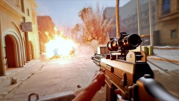 Insurgency: Sandstorm screenshot showing a player's perspective with a rifle aimed at an explosion on a city street.