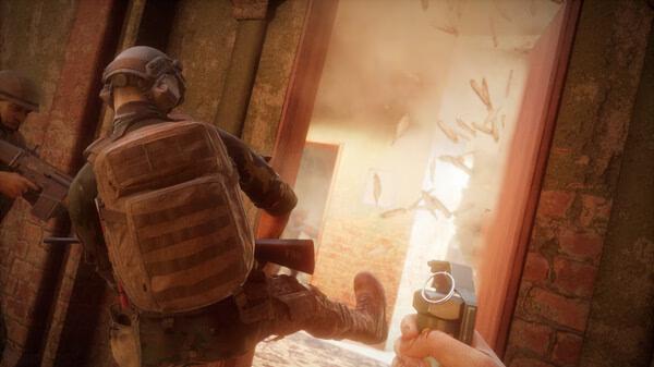 Insurgency: Sandstorm screenshot showing a soldier kicking a door while another holds a grenade, amidst flying debris.