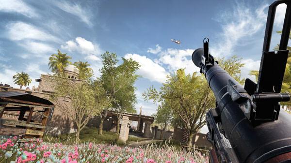 Screenshot from Insurgency: Sandstorm showing a rocket launcher aimed at a flying helicopter in a lush, vibrant garden setting.