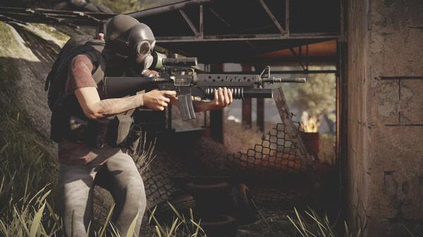 A player character in Insurgency: Sandstorm holds a rifle, aiming near a damaged building in this tactical FPS screenshot.