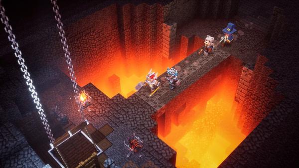 Minecraft Dungeons screenshot: Characters traverse a narrow stone bridge over glowing lava in a cavernous dungeon.