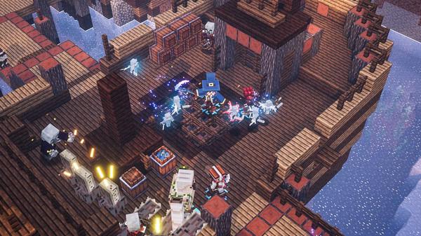 Minecraft Dungeons screenshot: A group of characters with magical effects battle enemies on a wooden ship surrounded by water.