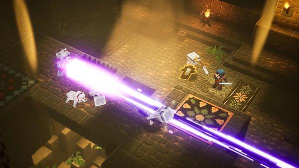 Screenshot from Minecraft Dungeons showing a player with a sword dodging a purple laser trap in a dungeon corridor.