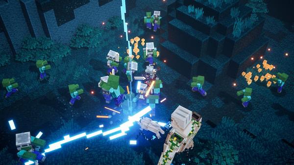 Screenshot of Minecraft Dungeons showing a player battling skeletons and zombies in a dark, blocky landscape.