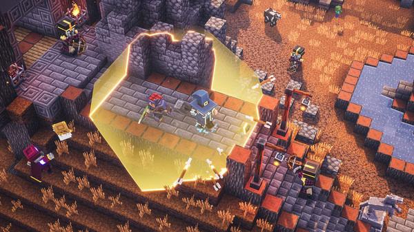 Screenshot of Minecraft Dungeons showing characters battling skeletons and zombies in a stone and grassland environment.