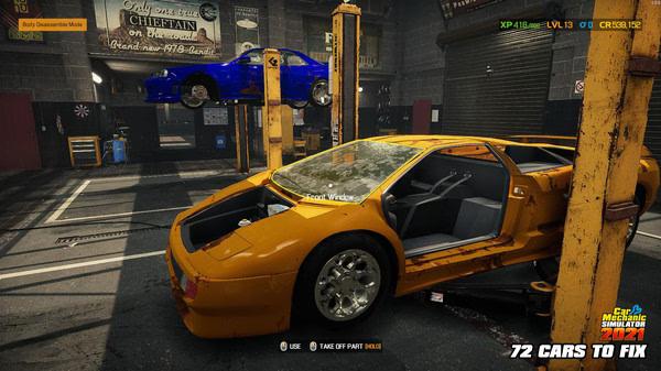 Car Mechanic Simulator 2021 screenshot: Two cars on lifts in a garage, with a focus on a yellow car being repaired.