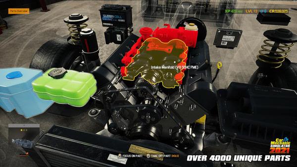 Screenshot from Car Mechanic Simulator 2021 showing a detailed view of an engine with highlighted parts in a workshop setting.