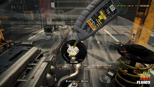 Car Mechanic Simulator 2021 screenshot: Player adding motor oil to an engine in a detailed garage setting.
