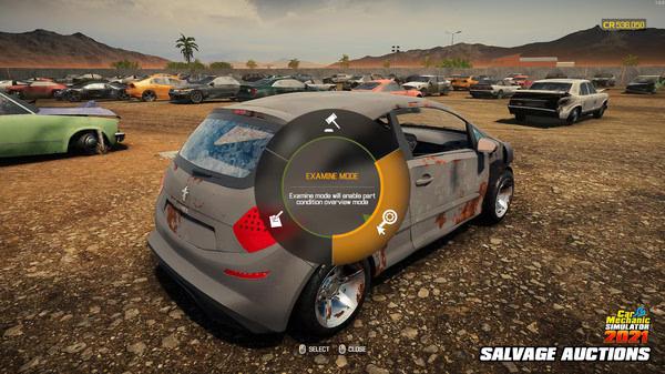 Car Mechanic Simulator 2021 screenshot: A damaged car in salvage auctions with the "Examine Mode" option highlighted on screen.