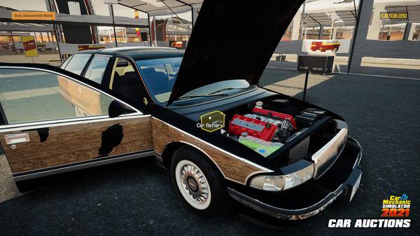 Screenshot from Car Mechanic Simulator 2021 showing a car with its hood open, revealing the engine and battery in a car auction setting.