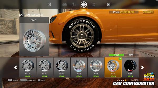 Screenshot from Car Mechanic Simulator 2021 showing the car configurator screen with various rim options for a sports car.