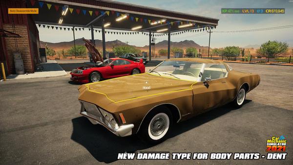 Car Mechanic Simulator 2021 screenshot: A brown car with highlighted hood damage in a garage lot, with another car in the background.