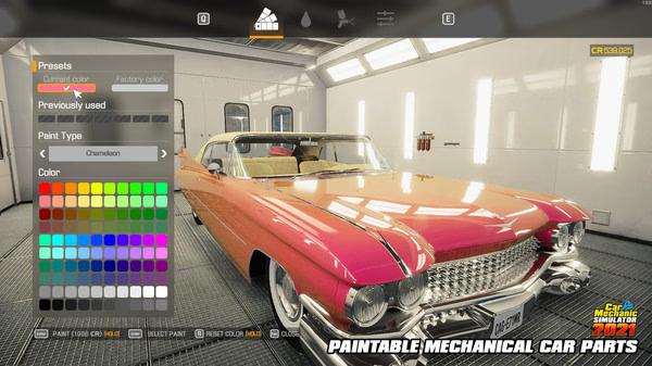 Screenshot from Car Mechanic Simulator 2021 showing a classic car in a garage being customized with a color selection menu.