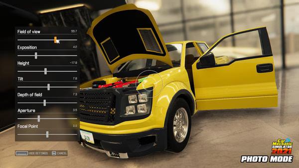 Car Mechanic Simulator 2021 screenshot showing a yellow pickup truck with its hood and door open in photo mode settings.