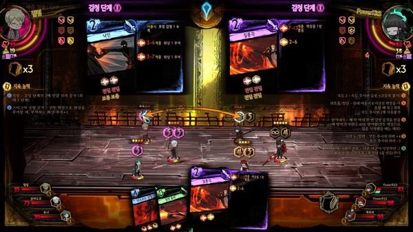 Library Of Ruina screenshot: Characters engage in a card-based battle on a detailed board with cards and stats displayed.