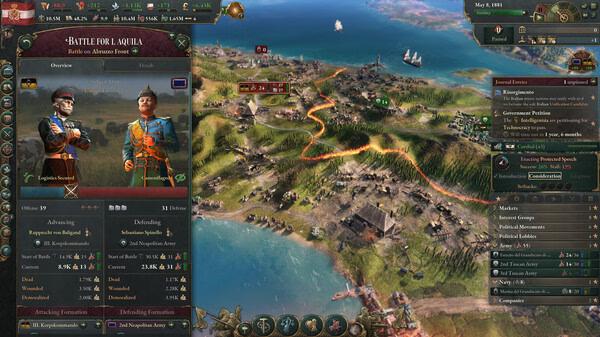Victoria 3 screenshot: Battle for Aquila interface with soldiers and stats, showing an ongoing military engagement near a coastal city.