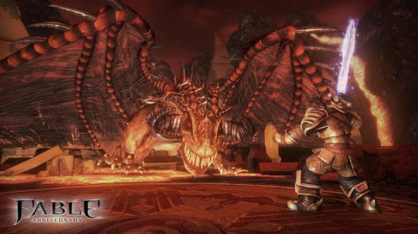 A Fable Anniversary screenshot showing a hero facing off against a large, fiery dragon in a dramatic, glowing environment.