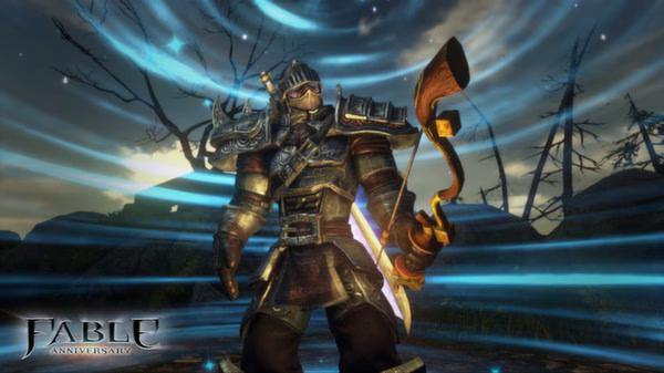 Hero in armor with a bow and glowing sword stands amid swirling blue light in Fable Anniversary. Game screenshot.