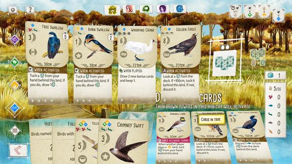 Screenshot of the game Wingspan showing bird cards, player actions, and resources in a grassland habitat.