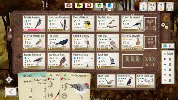 Screenshot of the game Wingspan showing various bird cards and player stats on a wooden-themed interface.