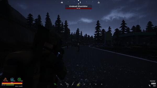 SurrounDead screenshot: Player aims at an Undead Shambler on a dark, rainy road, surrounded by silhouetted trees.