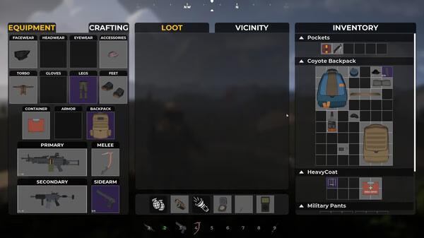 Screenshot from SurrounDead showing inventory and crafting menu with items like a backpack, weapons, and clothing options.