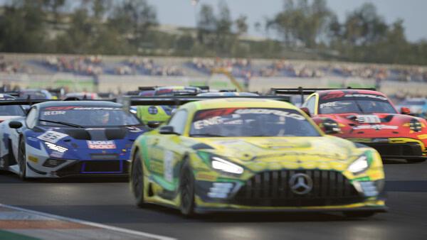 Screenshot from Assetto Corsa Competizione showing a thrilling race with multiple GT3 cars on a track.