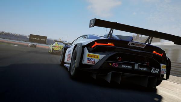 Assetto Corsa Competizione screenshot showing a Lamborghini race car on the track, closely followed by another vehicle.