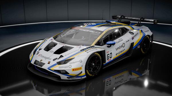 Screenshot from Assetto Corsa Competizione showing a detailed race car with a blue and yellow design in a sleek showroom.
