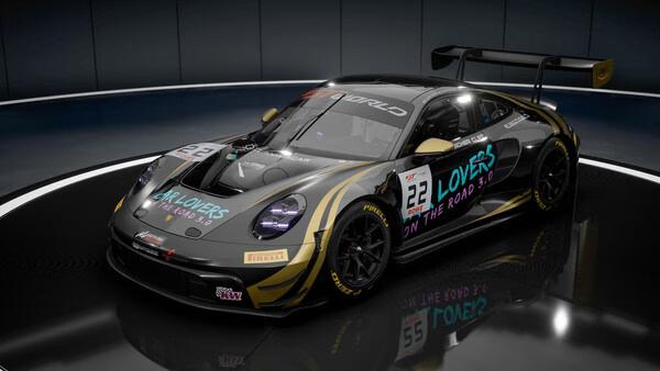 A screenshot of Assetto Corsa Competizione showing a detailed Porsche GT3 car with custom livery in a showroom setting.