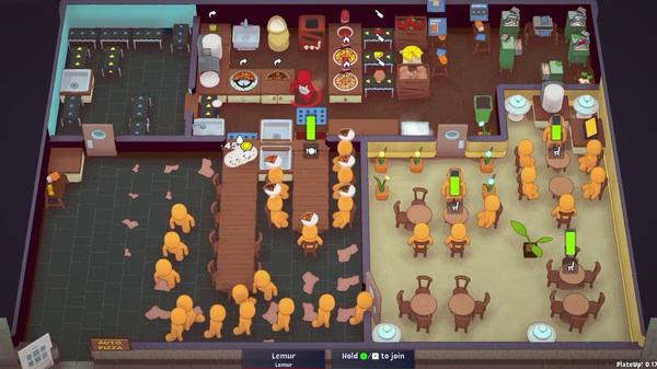 PlateUp! screenshot showing a busy restaurant with customers, kitchen activity, and food items ready for serving.