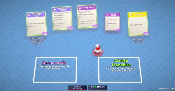 PlateUp! screenshot: A character stands between two options, "Scrap cards" and "Create franchise," with various upgrade cards visible.